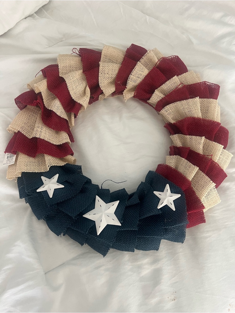 Pottery Barn Red, Cream & Blue Star Burlap Wreath